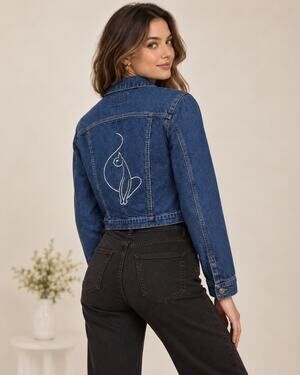 Baby Phat Jeans Women’s L Cropped Denim Jacket Rhinestone Cat Embroidered Y2K